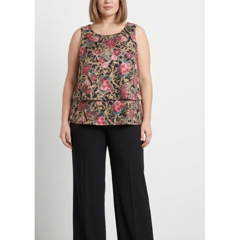 New DG2 by Diane Gilman‎ Tank Top 1X Multi Color Floral Sleeveless Tiered Hem